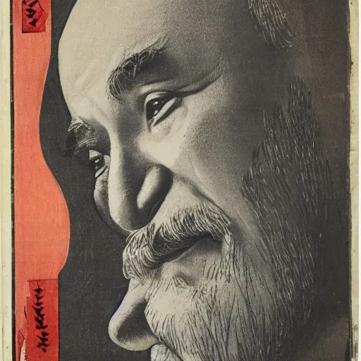 Gesicht eines alten Mannes, seitlich beleuchtet, im Stil von Utagawa Hiroshige