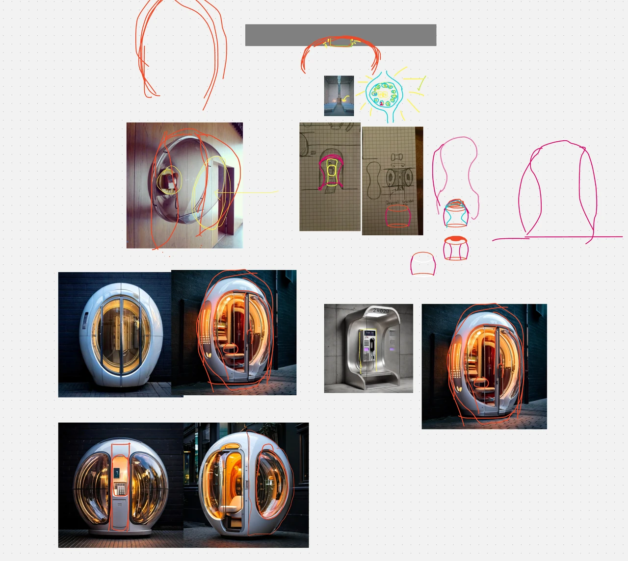 Collage aus Referenzbildern, Skizzen und Formstudien zur Entwicklung einer organischen Telefonzellenform