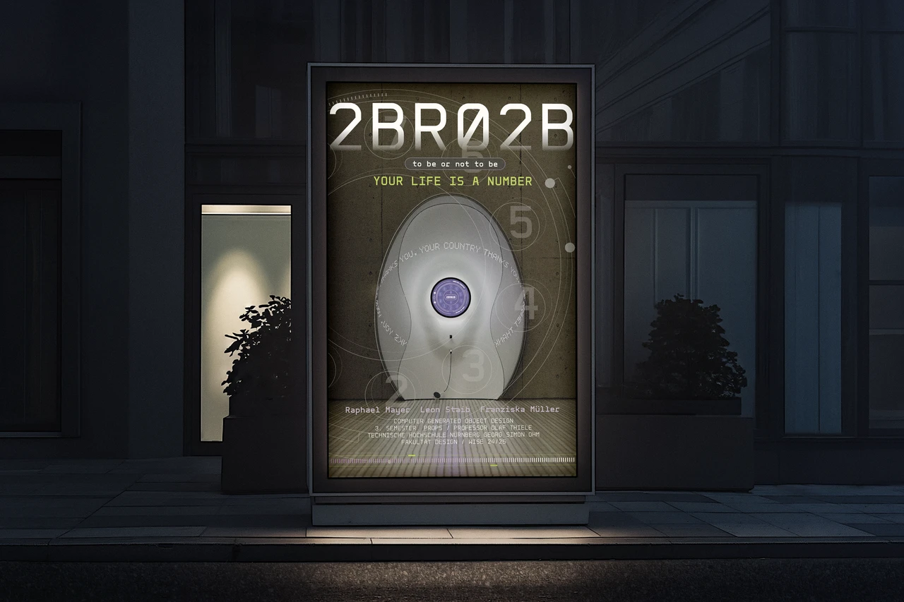 Plakat mit Rendering einer futuristischen Telefonzelle und typografischem Titel „2BR02B“